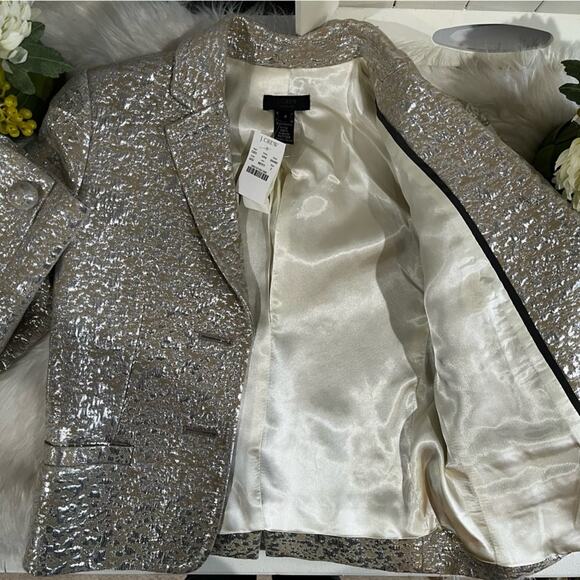 NEW J. Crew Wool Metallic Silver Brocade Jacquard Career Suit Blazer Jacket RARE - Picture 5 of 15